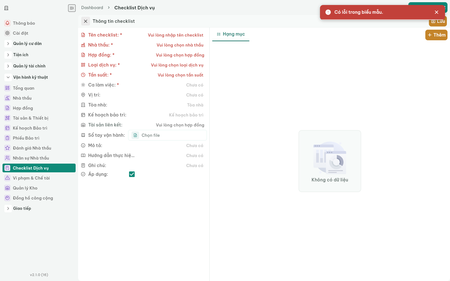 Lỗi khi lưu checklist trống